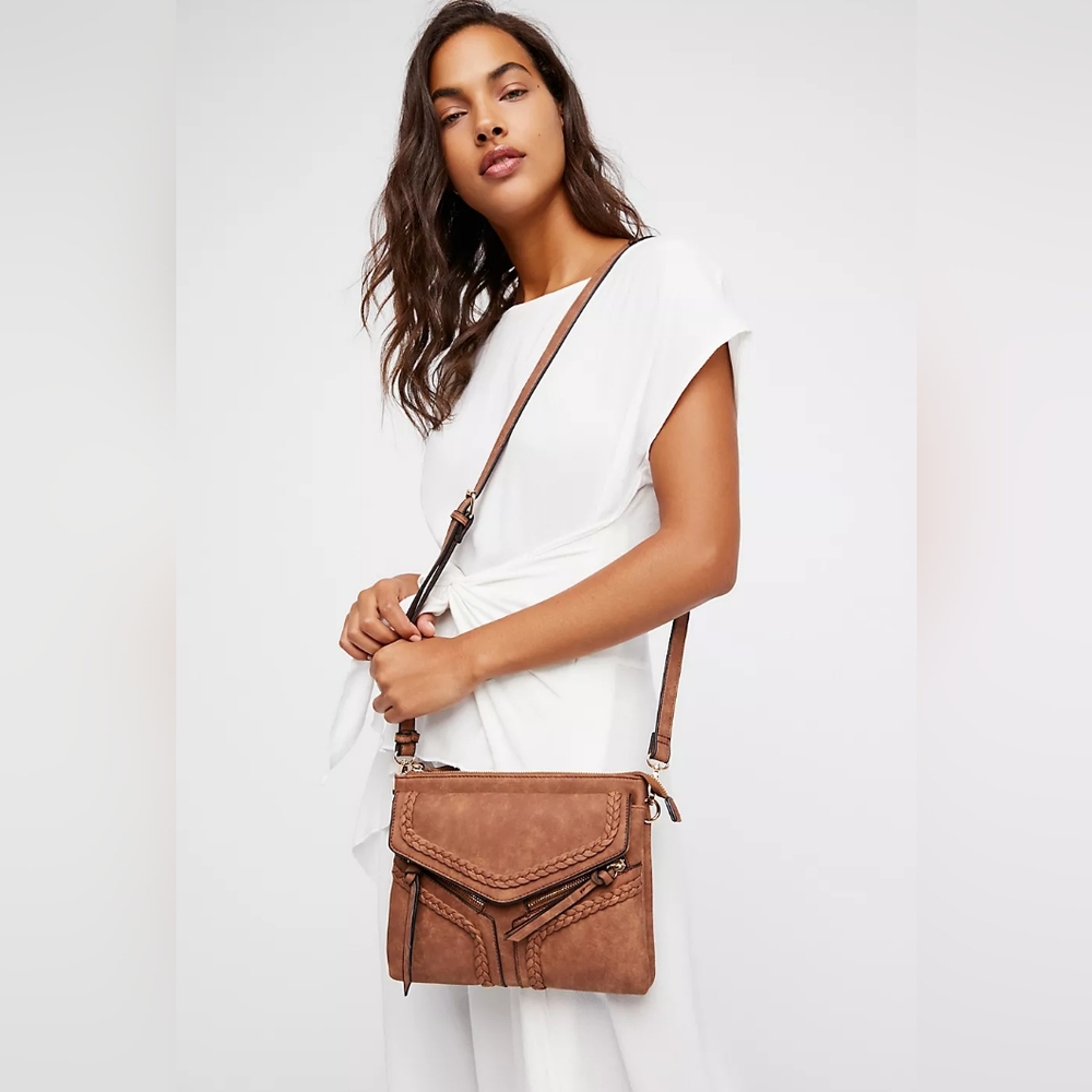 Leanna Vegan Brown faux leather Braided Crossbody Purse.